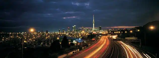Image taken of the Auckland skyline at night with the Skytower clearly visible