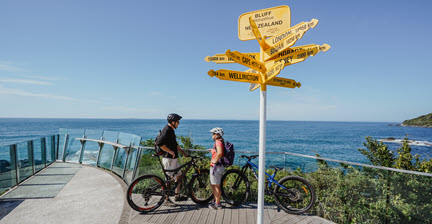 Two cyclists standing at a viewpoint in Bluff, New Zealand, next to a yellow signpost showing directions to various locations.