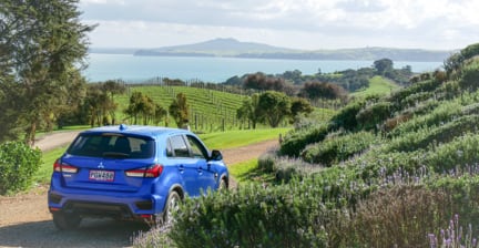 Blue GO Rentals car parked near a vineyard with ocean views