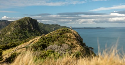 Mountain ridge overlooking the ocean with grassy hills